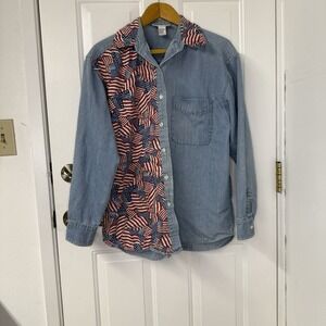 Vtg Daniel Caron Womens Denim American‎ Flag Shirt Red White Blue 90s Sz Large